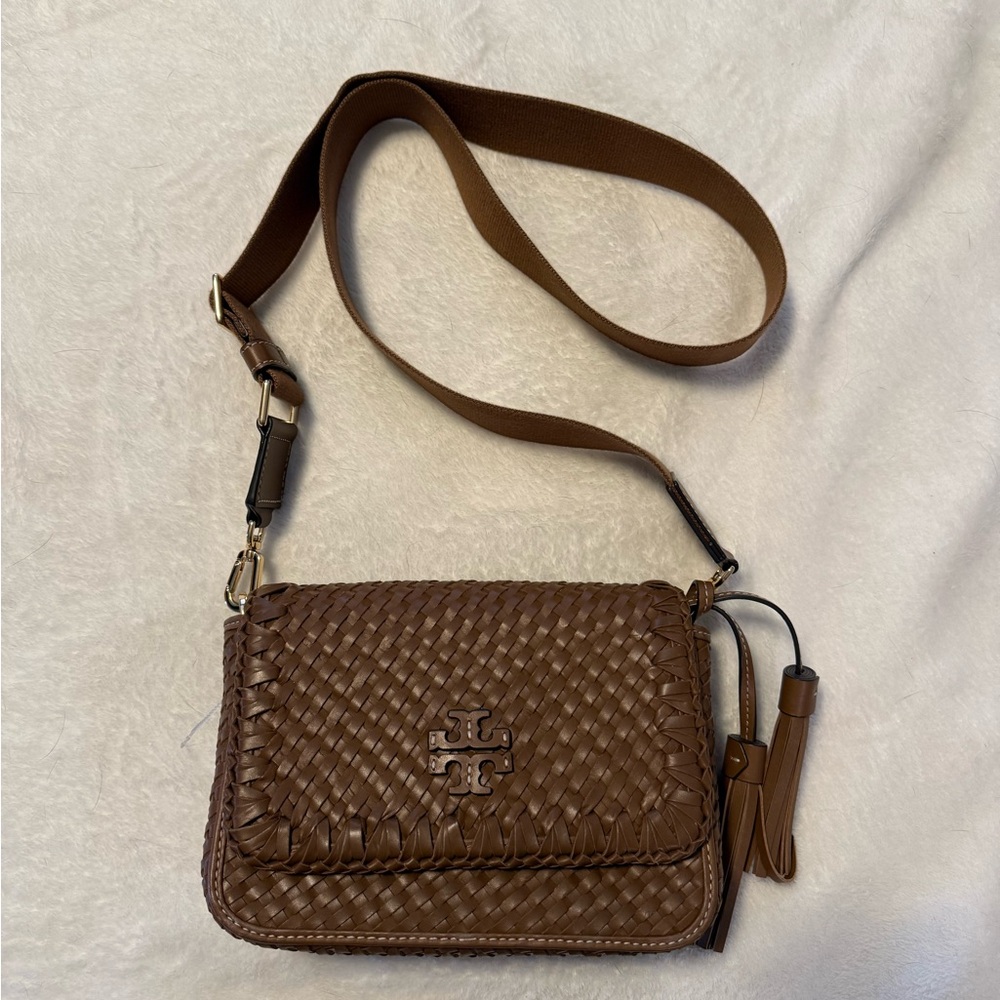 Tory Burch Brown Woven Leather Crossbody with Tassel